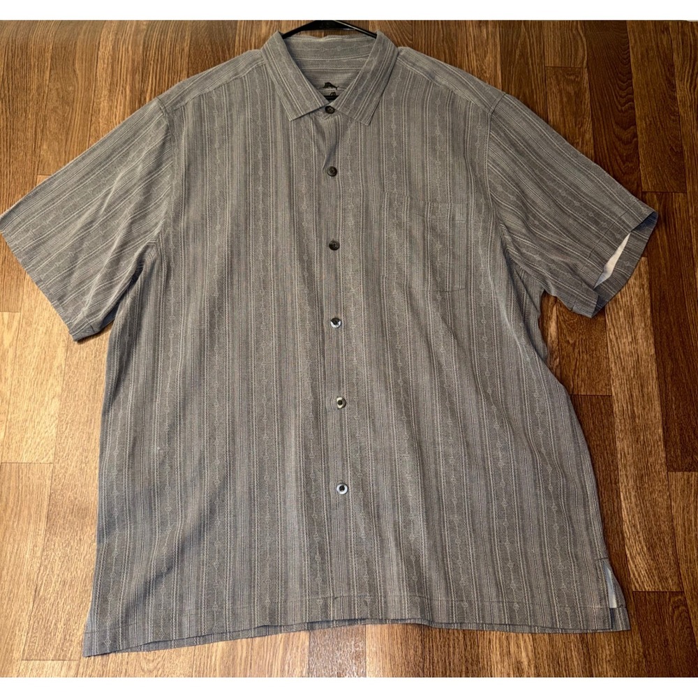 Tommy Bahama Mens XL Silk Short Sleeve Button Down Shirt Grey Striped T320934